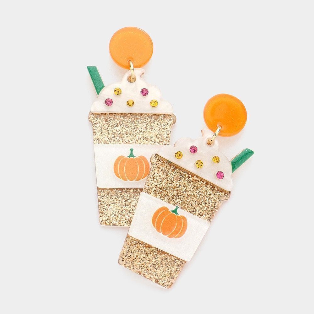 New Womens Boutique Glittered Resin Pumpkin Spice Latte Frap Dangle Earrings